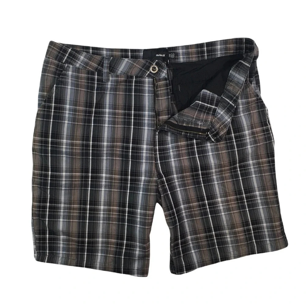 Sh400 Mens Hurley Surfer Brand Plaid Flat Front Chino Shorts 36